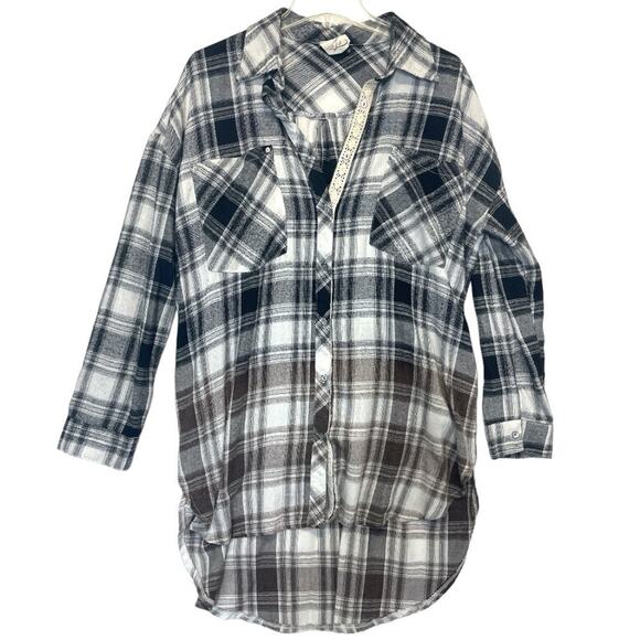 Plaid Button Down Shirt Tunic Distressed Crochet Lace brown black Size Small - Picture 8 of 8